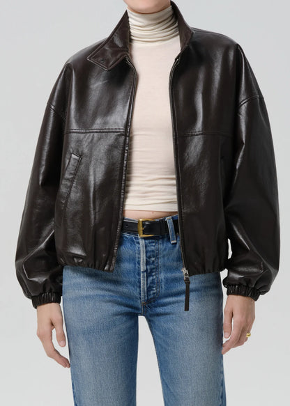person wearing citizens of humanity womens leather Barracuta Bubble Jacket In Chocolate Dark Brown