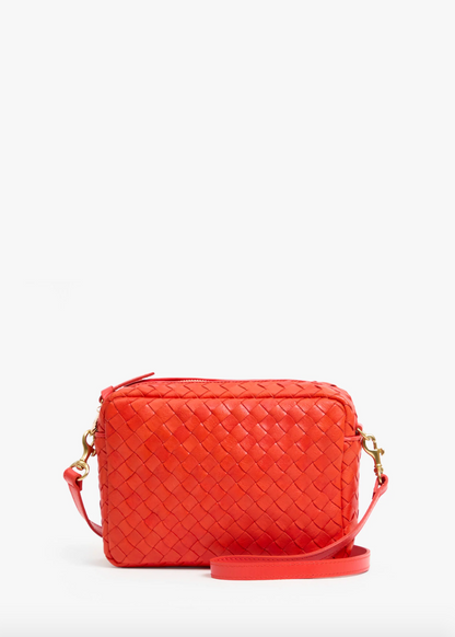 clare v womens Midi Sac in Bright Poppy Diagonal Woven crossbody bag