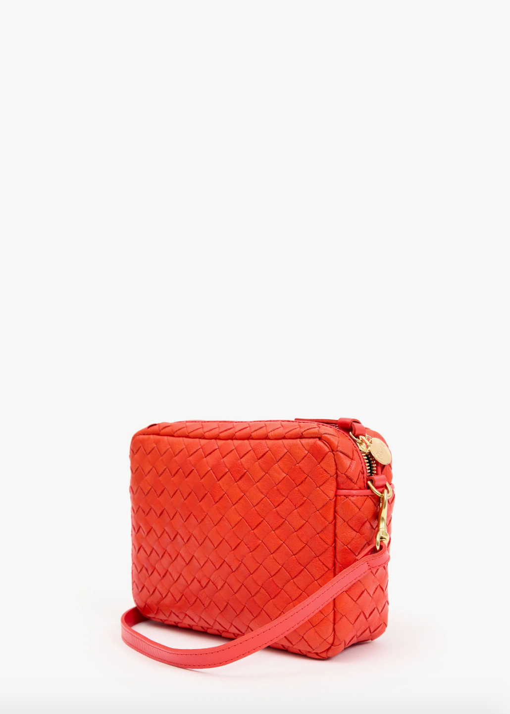 clare v womens Midi Sac in Bright Poppy Diagonal Woven crossbody bag