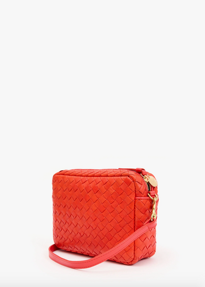clare v womens Midi Sac in Bright Poppy Diagonal Woven crossbody bag