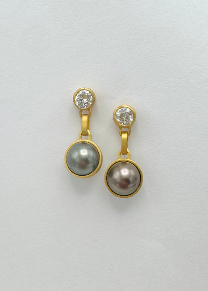 darius fine jewelry 18k yellow gold One-of-a-Kind Old Mine Cut Diamond & Tahitian Pearl Gem Drop Earrings