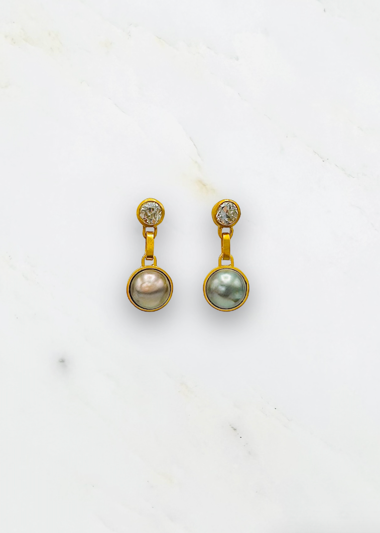 darius fine jewelry 18k yellow gold One-of-a-Kind Old Mine Cut Diamond & Tahitian Pearl Gem Drop Earrings