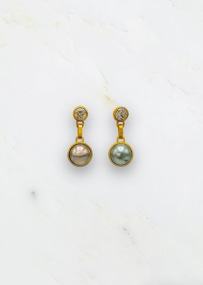 darius fine jewelry 18k yellow gold One-of-a-Kind Old Mine Cut Diamond & Tahitian Pearl Gem Drop Earrings