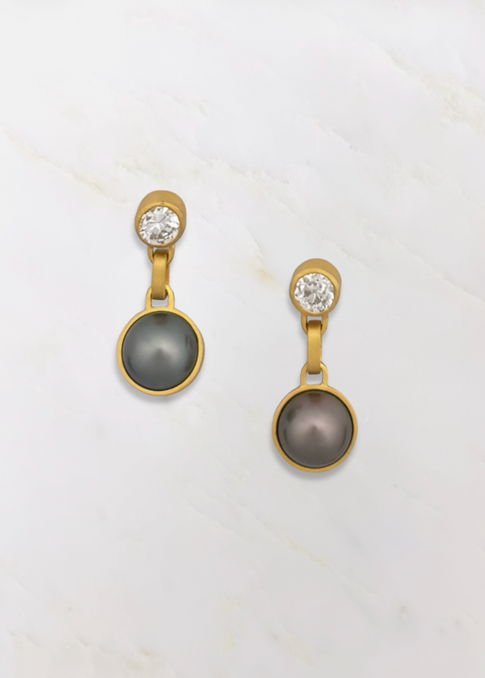 darius fine jewelry 18k yellow gold One-of-a-Kind Old Mine Cut Diamond & Tahitian Pearl Gem Drop Earrings