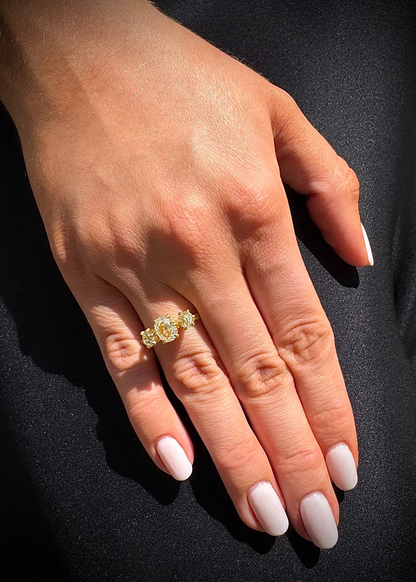 person wearing darius fine jewelry 18k yellow gold One-of-a-Kind Old Mine Cut Diamond Triple Claw Gem Fairy Band