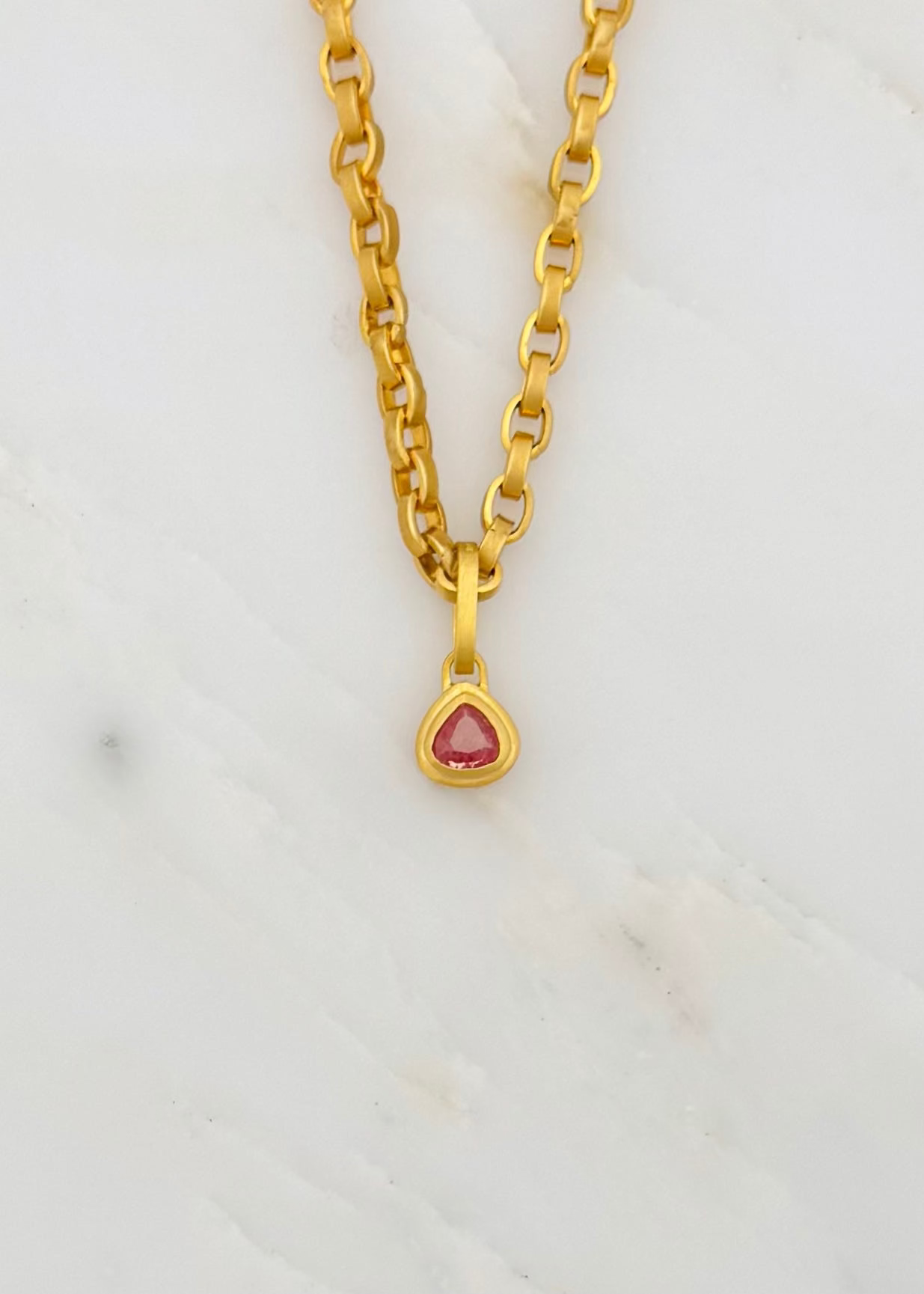 darius fine jewelry 18k yellow gold One-of-a-Kind Pear Padparadscha Sapphire Ziggurat Pendant