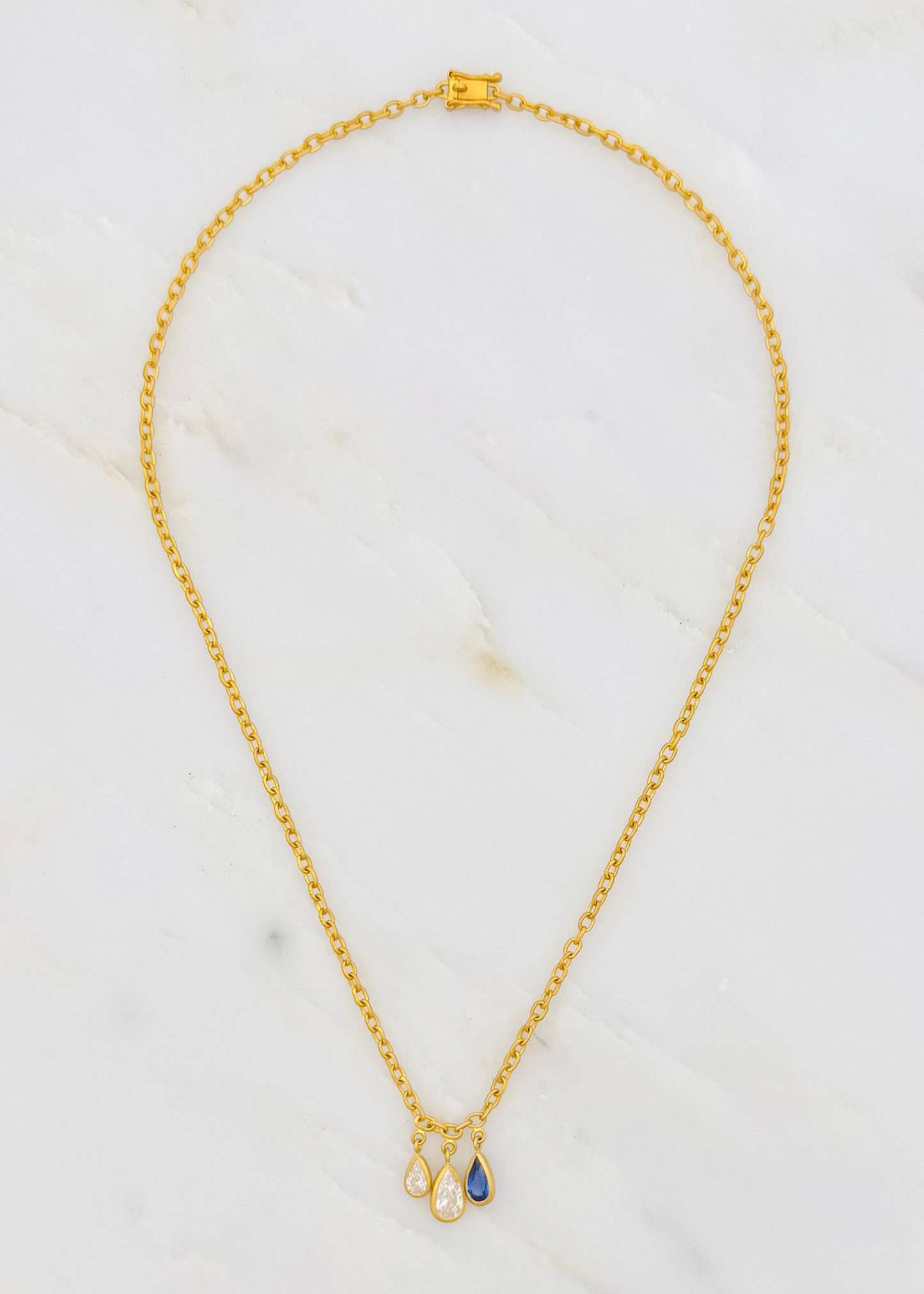 darius fine jewelry 18k yellow gold One-of-a-Kind Triple Pear Diamond & Blue Sapphire Gem Drop Mini Fairy Chain Necklace