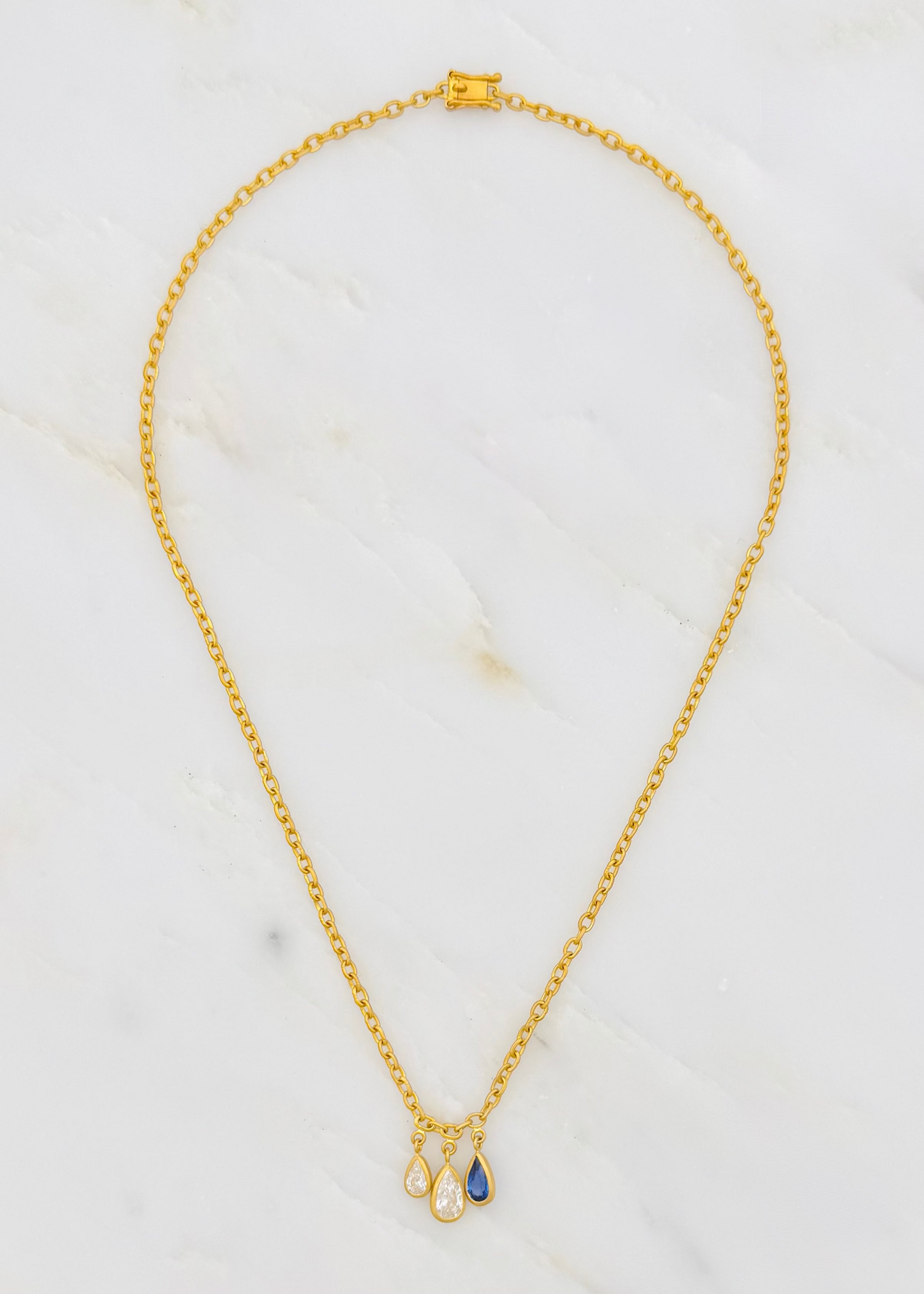 darius fine jewelry 18k yellow gold One-of-a-Kind Triple Pear Diamond & Blue Sapphire Gem Drop Mini Fairy Chain Necklace