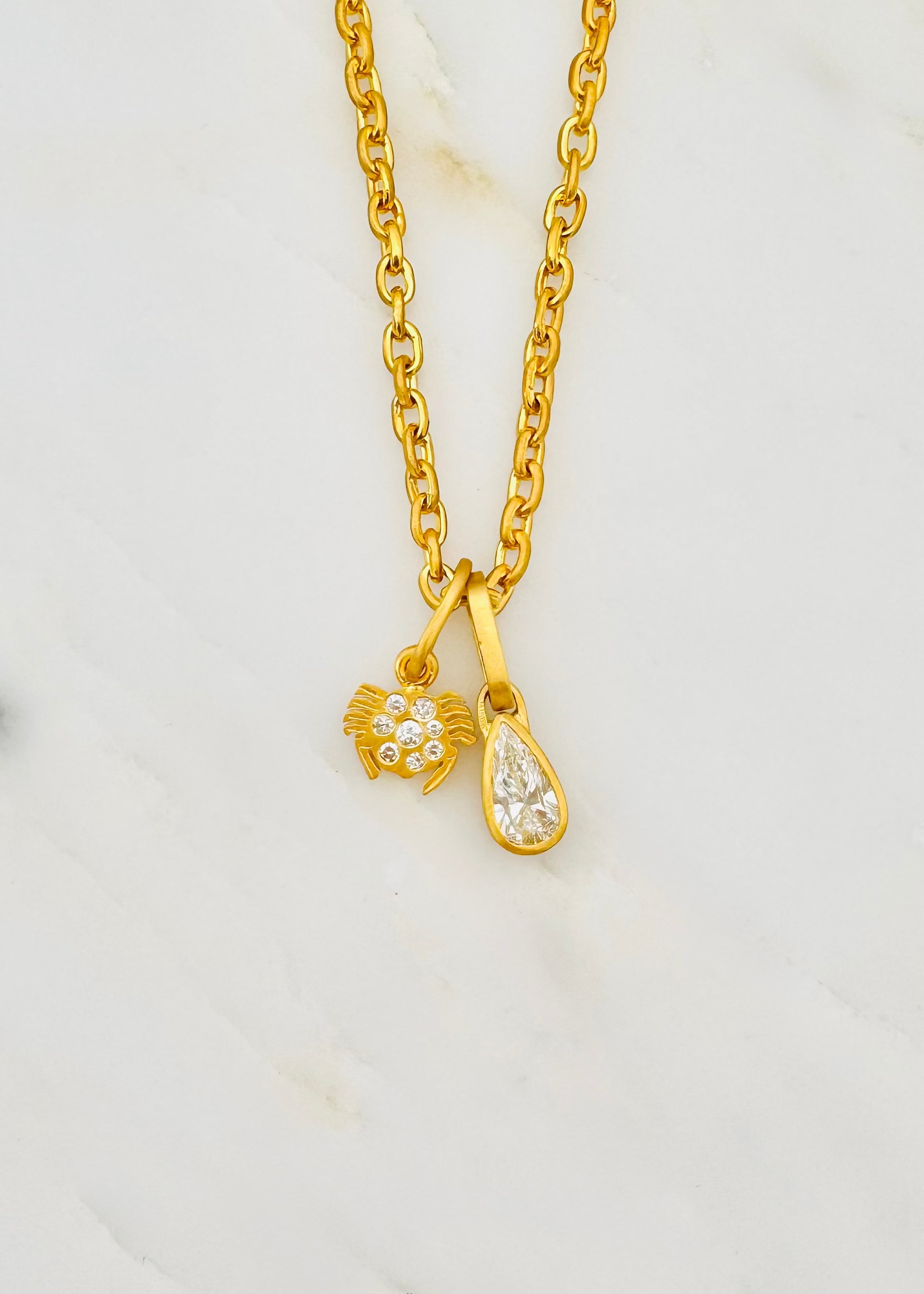 darius fine jewelry One-of-a Kind Pear Diamond Pendant with mini zodiac cancer pendant on fairy chain