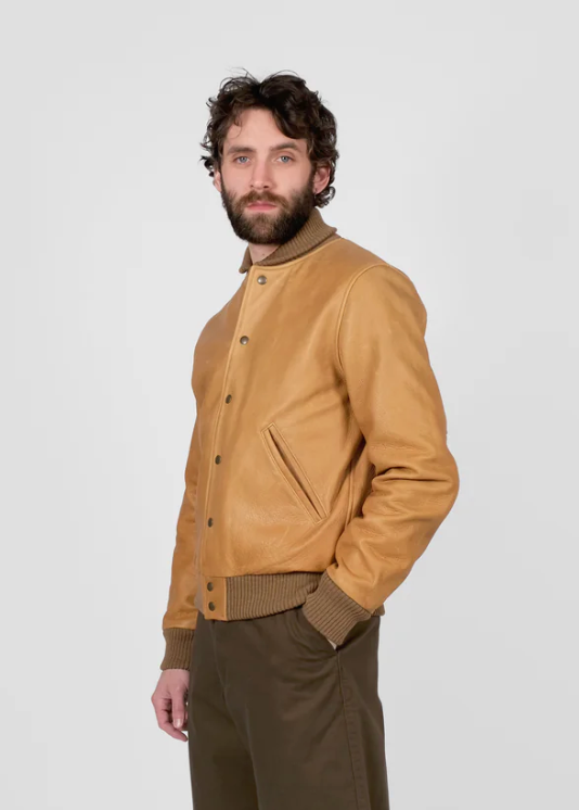 person wearing dehen1920 mens All-City Leather Jacket in Rust brown