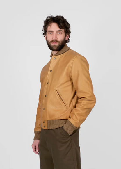 person wearing dehen1920 mens All-City Leather Jacket in Rust brown