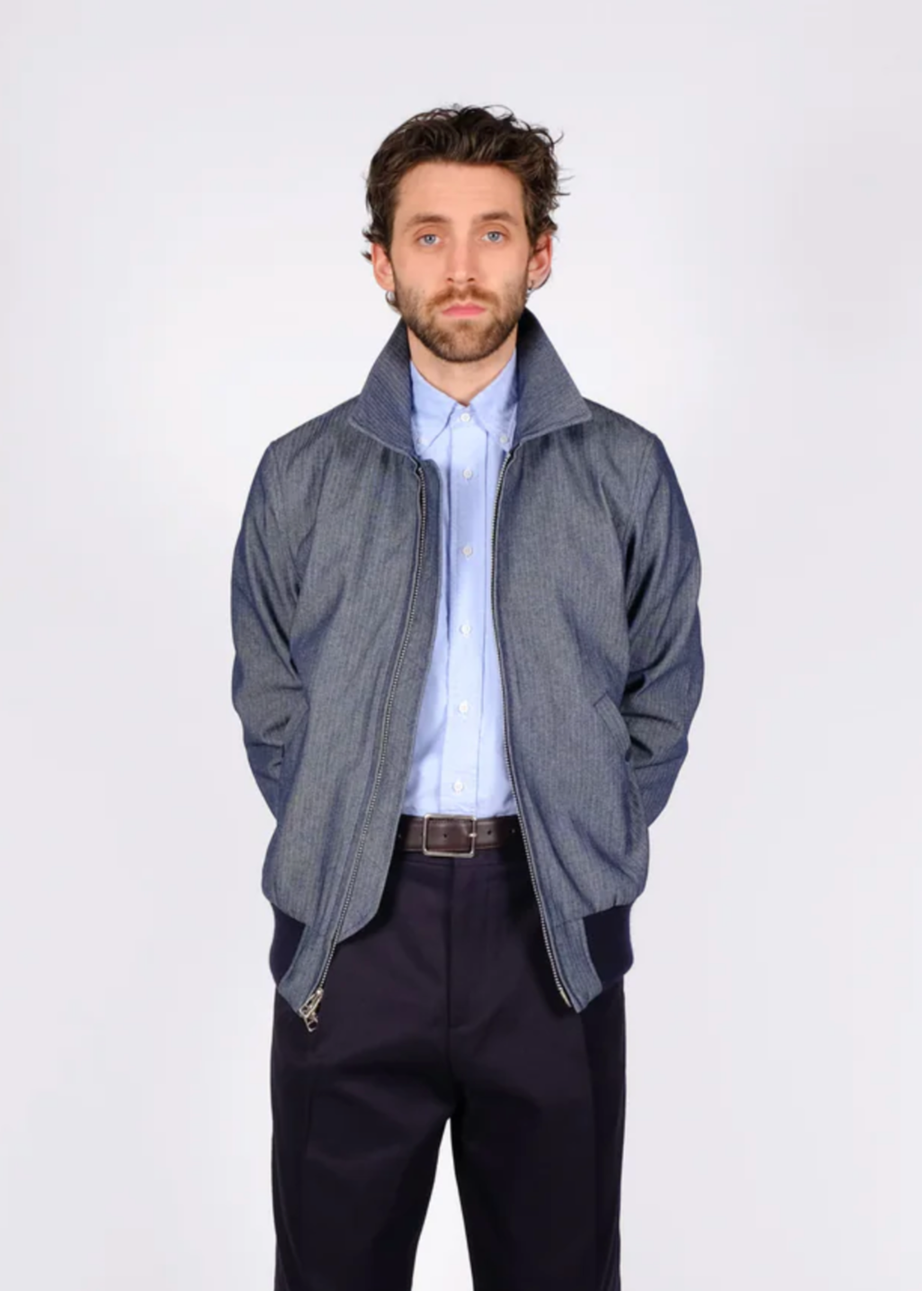 person wearing dehen1920 mens Weekender Jacket in Indigo Herringbone Denim