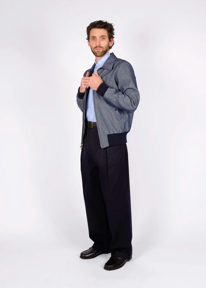 person wearing dehen1920 mens Weekender Jacket in Indigo Herringbone Denim