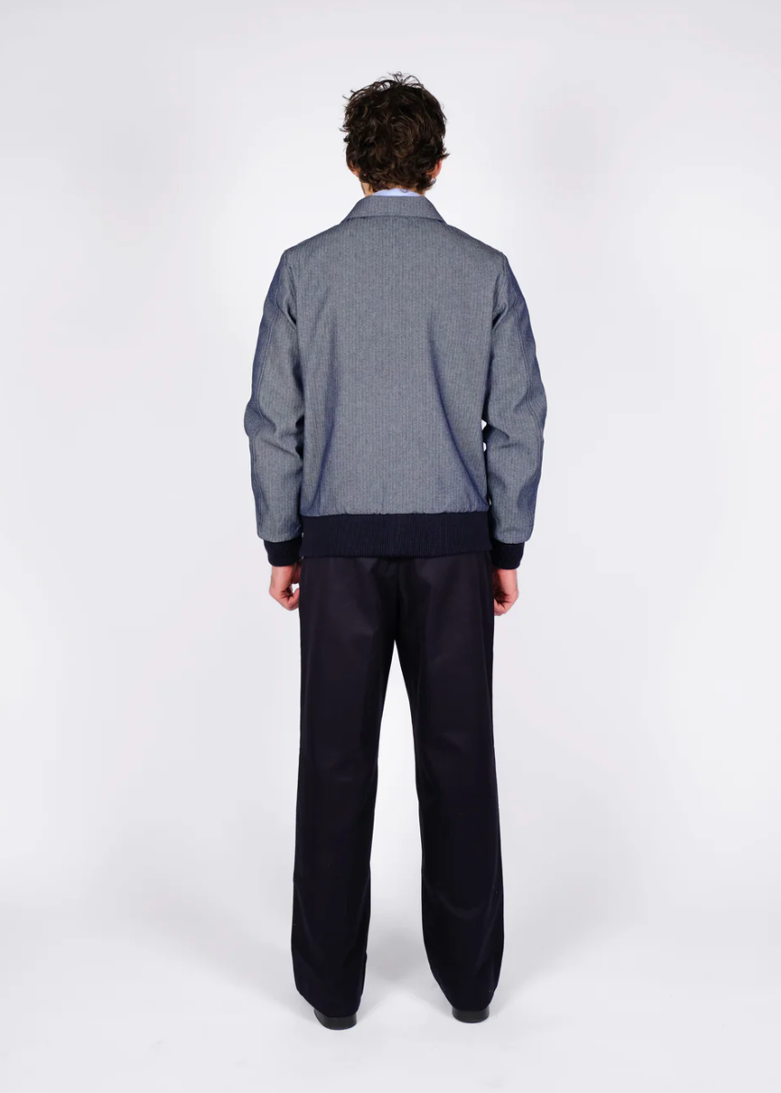 person wearing dehen1920 mens Weekender Jacket in Indigo Herringbone Denim