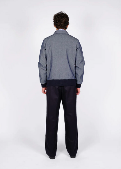 person wearing dehen1920 mens Weekender Jacket in Indigo Herringbone Denim