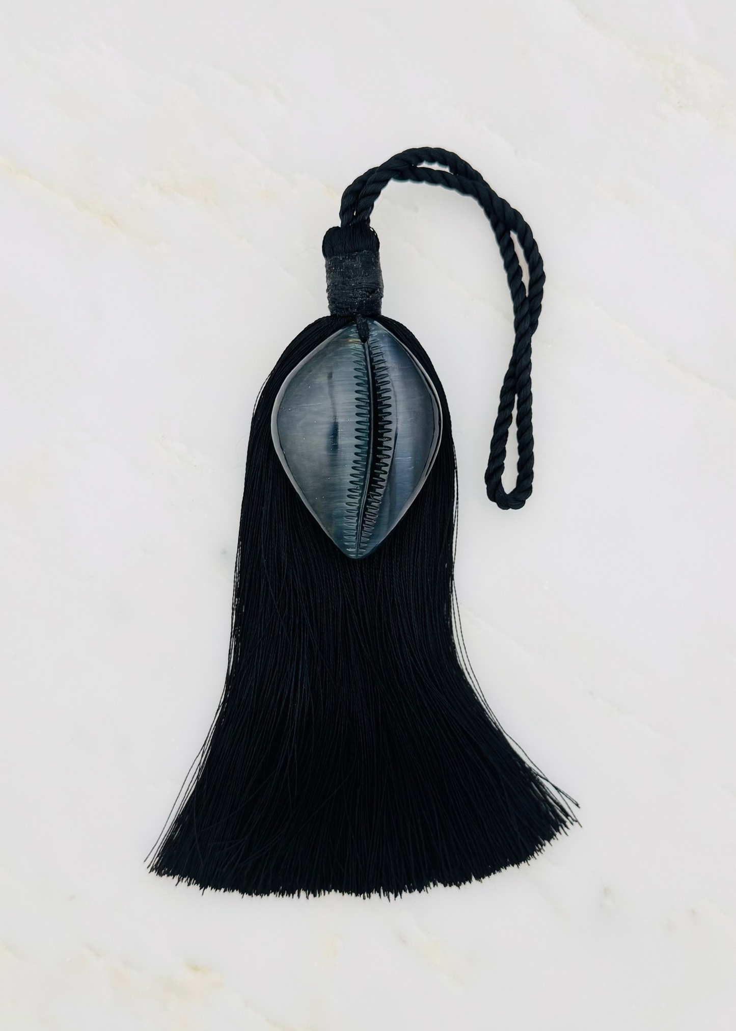 dezso sara beltran Blue Tiger Eye Cowrie Shell Petite Tassel bag charm accessory