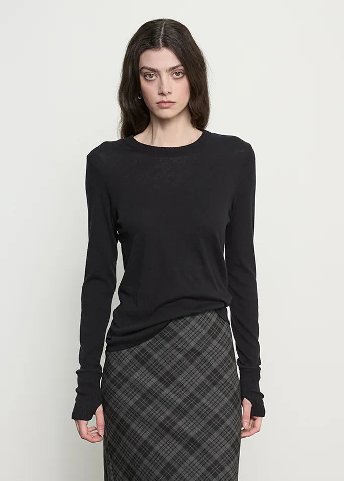 person wearing enza costa Cashmere Easy Cuffed Crew in Black