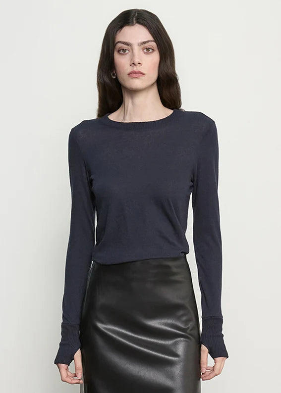 person wearing enza costa Cashmere Easy Cuffed Crew in Ink blue