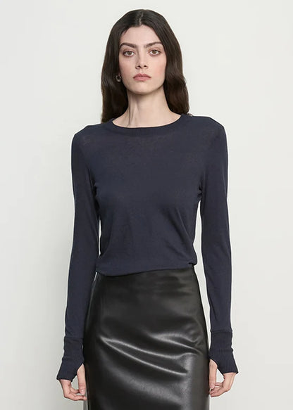 person wearing enza costa Cashmere Easy Cuffed Crew in Ink blue