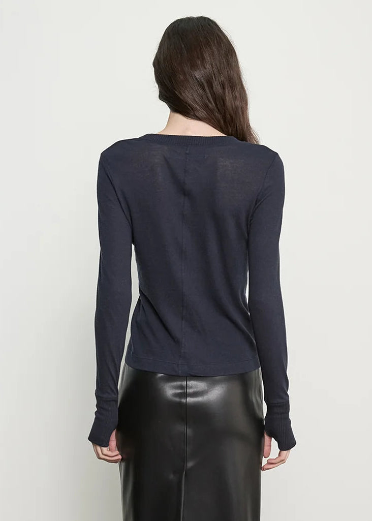 person wearing enza costa Cashmere Easy Cuffed Crew in Ink blue