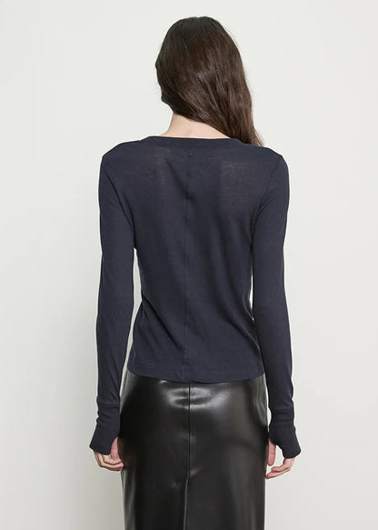 person wearing enza costa Cashmere Easy Cuffed Crew in Ink blue