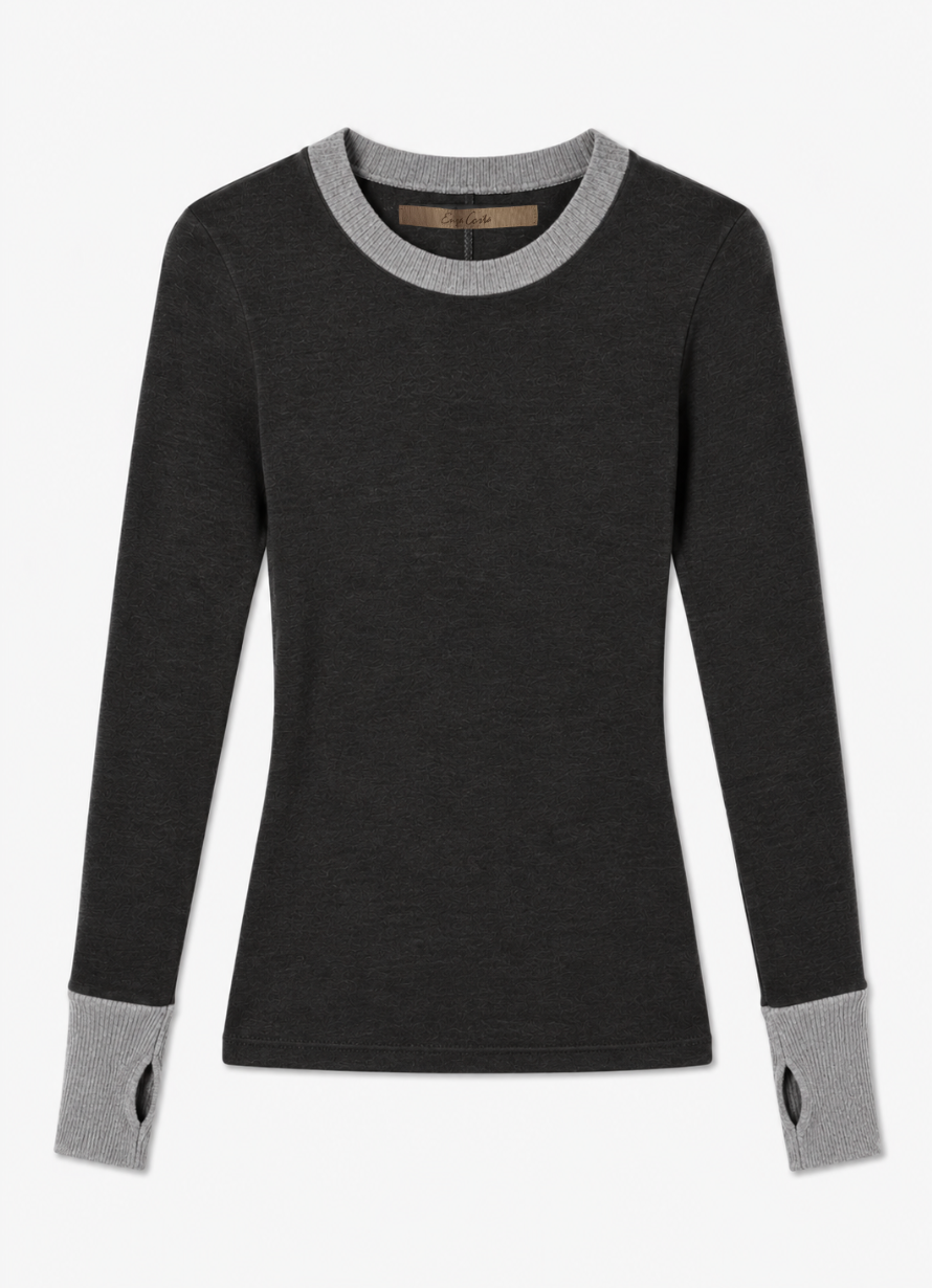 enza costa Cashmere Jersey Contrast Easy Cuffed Crew in Charcoal & Smoke