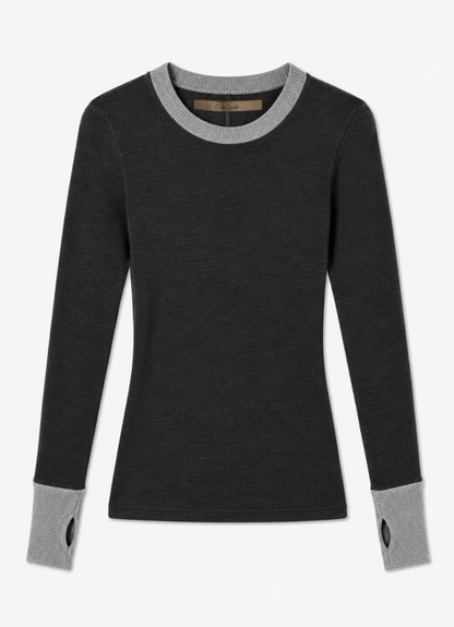 enza costa Cashmere Jersey Contrast Easy Cuffed Crew in Charcoal & Smoke