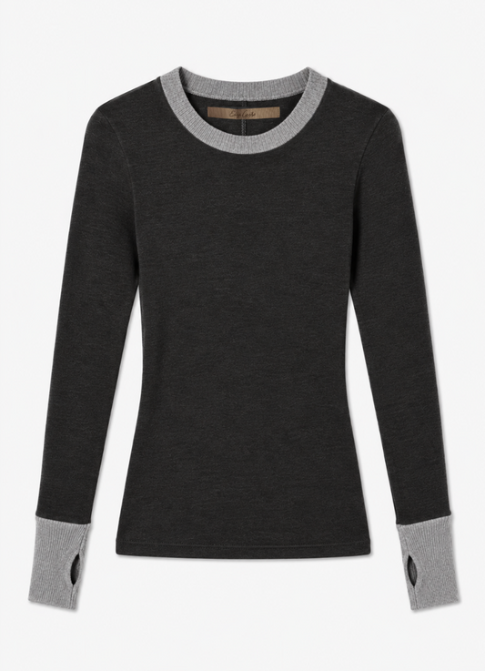 enza costa Cashmere Jersey Contrast Easy Cuffed Crew in Charcoal & Smoke