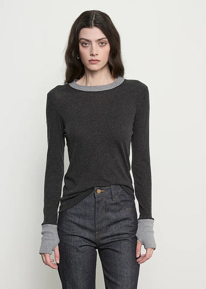 person wearing enza costa Cashmere Jersey Contrast Easy Cuffed Crew in Charcoal & Smoke