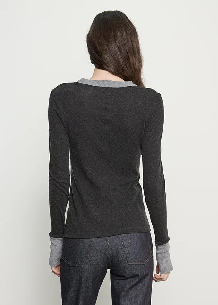 person wearing enza costa Cashmere Jersey Contrast Easy Cuffed Crew in Charcoal & Smoke