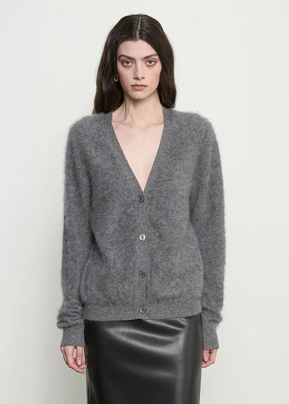 person wearing enza costa Mink Wash Cashmere Cardigan in Pewter grey