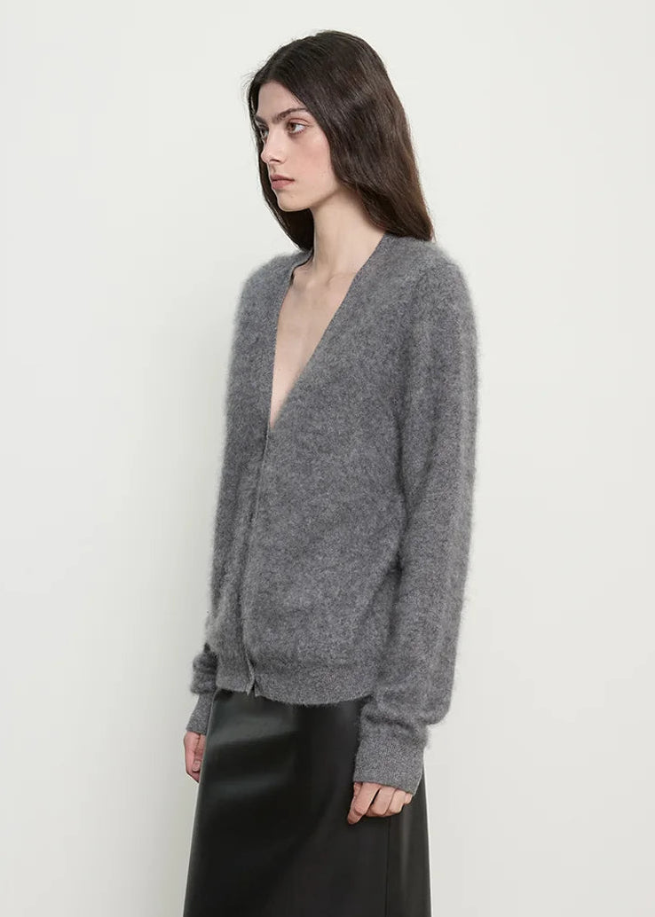 person wearing enza costa Mink Wash Cashmere Cardigan in Pewter grey