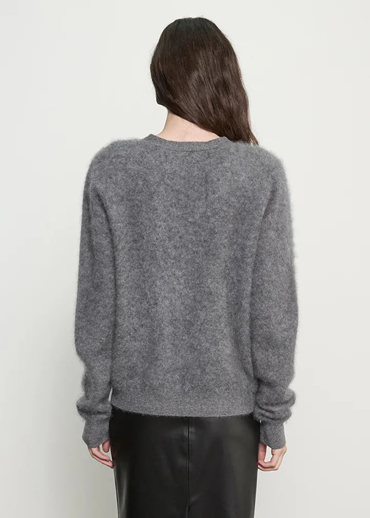 person wearing enza costa Mink Wash Cashmere Cardigan in Pewter grey