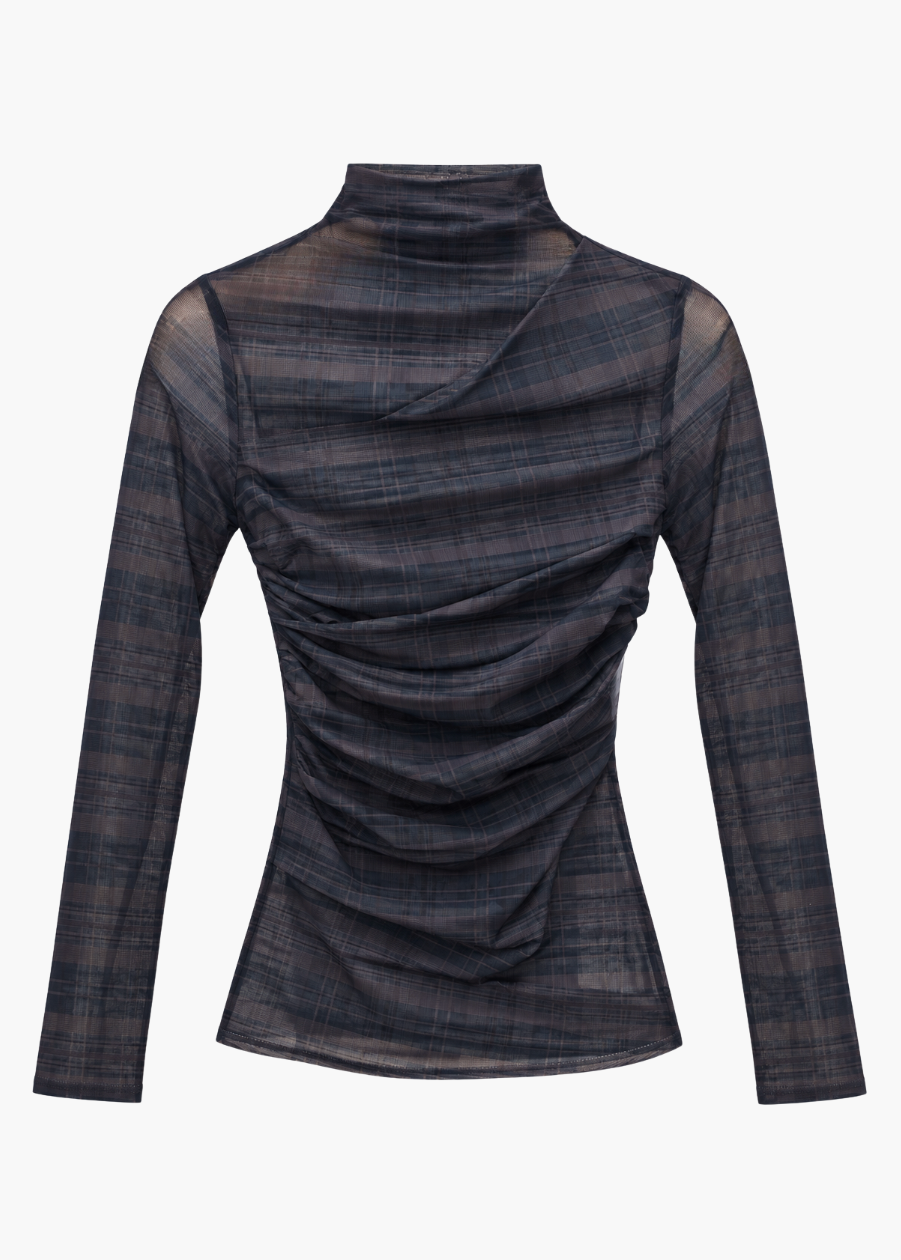 enza costa Shadow Plaid Mesh Long Sleeve Twist Top