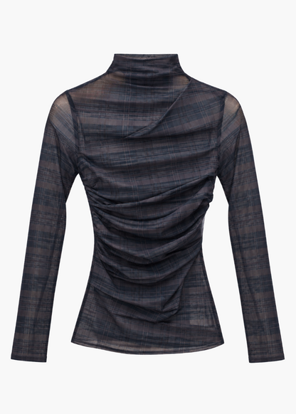 enza costa Shadow Plaid Mesh Long Sleeve Twist Top