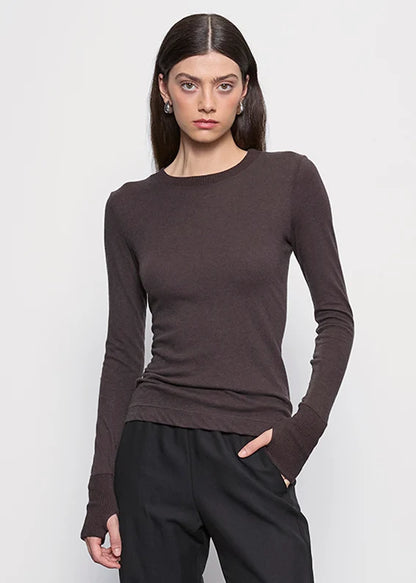 person wearing enza costa womens Cashmere Easy Cuffed Crew in Dark Brown
