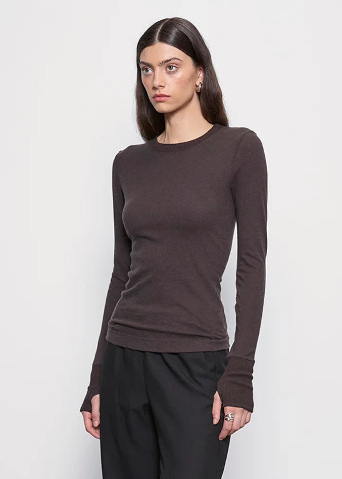 person wearing enza costa womens Cashmere Easy Cuffed Crew in Dark Brown