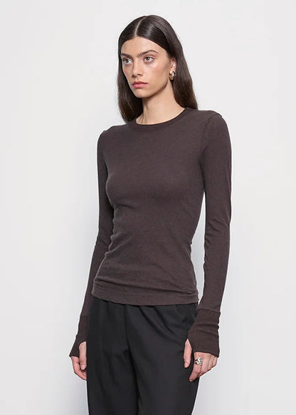 person wearing enza costa womens Cashmere Easy Cuffed Crew in Dark Brown