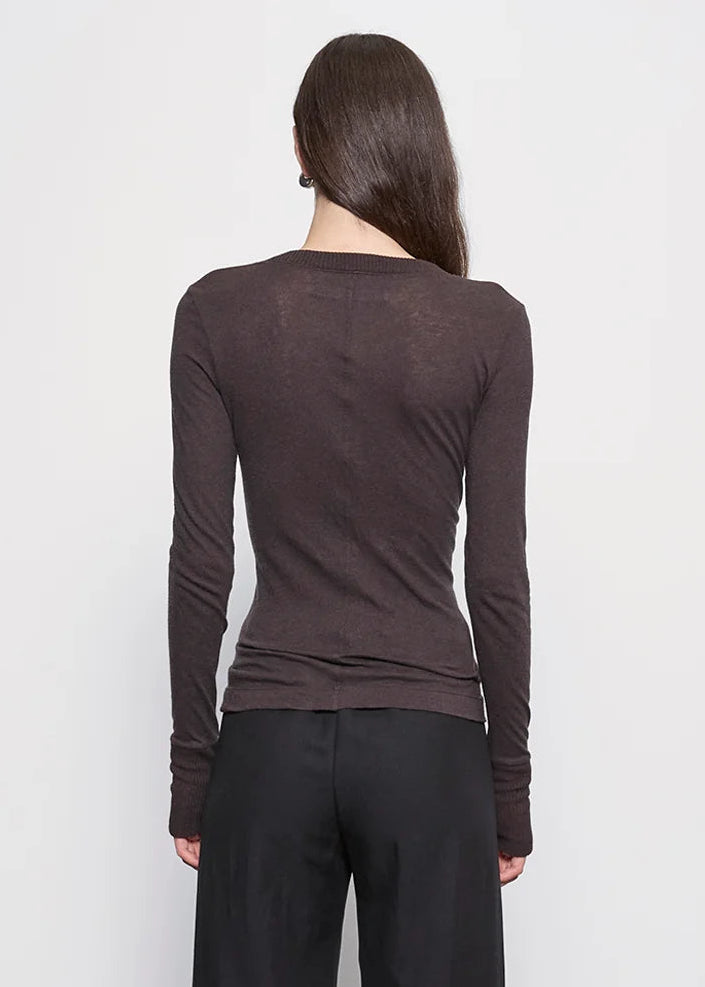 person wearing enza costa womens Cashmere Easy Cuffed Crew in Dark Brown