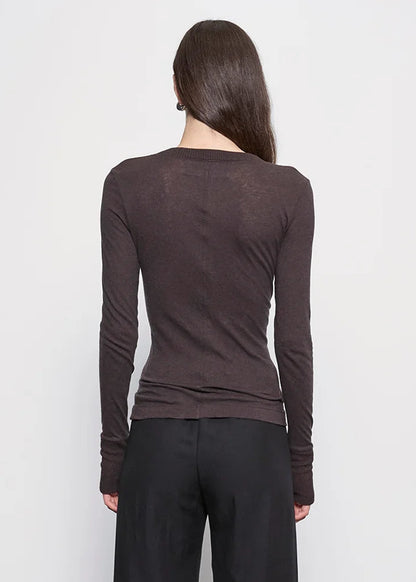 person wearing enza costa womens Cashmere Easy Cuffed Crew in Dark Brown