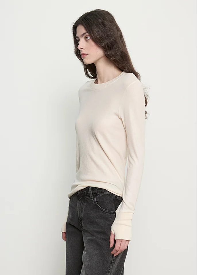 person wearing enza costa womens Cashmere Easy Cuffed Crew in Natural