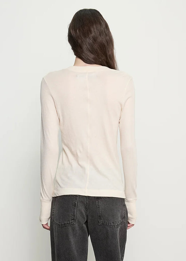 person wearing enza costa womens Cashmere Easy Cuffed Crew in Natural