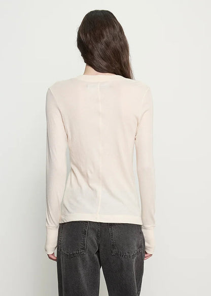 person wearing enza costa womens Cashmere Easy Cuffed Crew in Natural