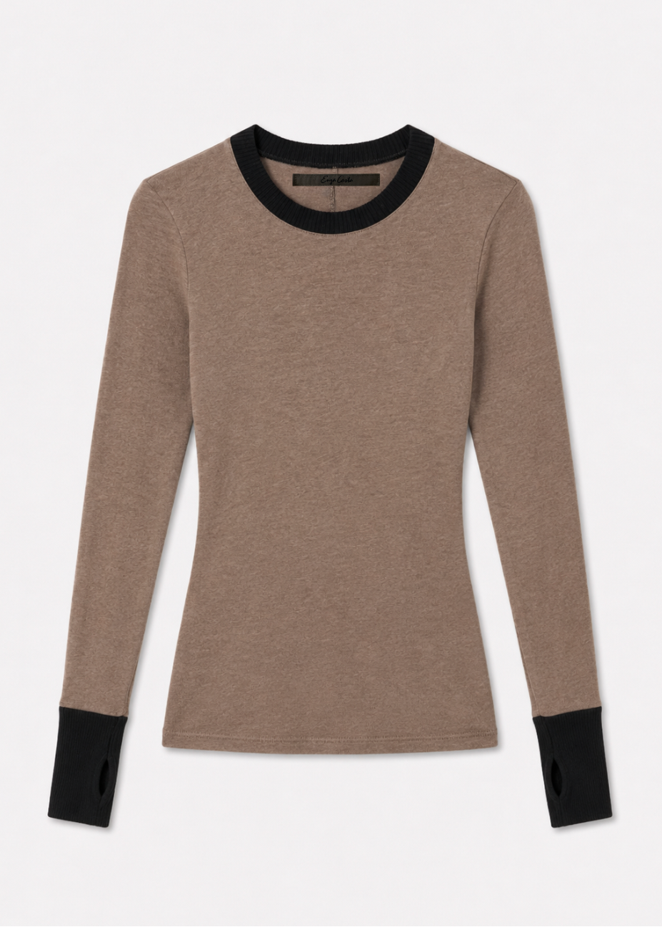 enza costa womens Cashmere Jersey Contrast Easy Cuffed Crew in Khaki & Black