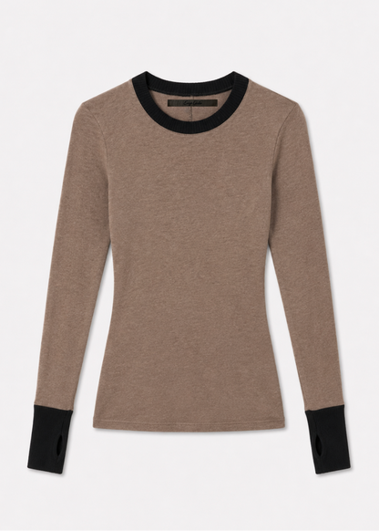 enza costa womens Cashmere Jersey Contrast Easy Cuffed Crew in Khaki & Black