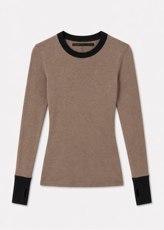 enza costa womens Cashmere Jersey Contrast Easy Cuffed Crew in Khaki & Black