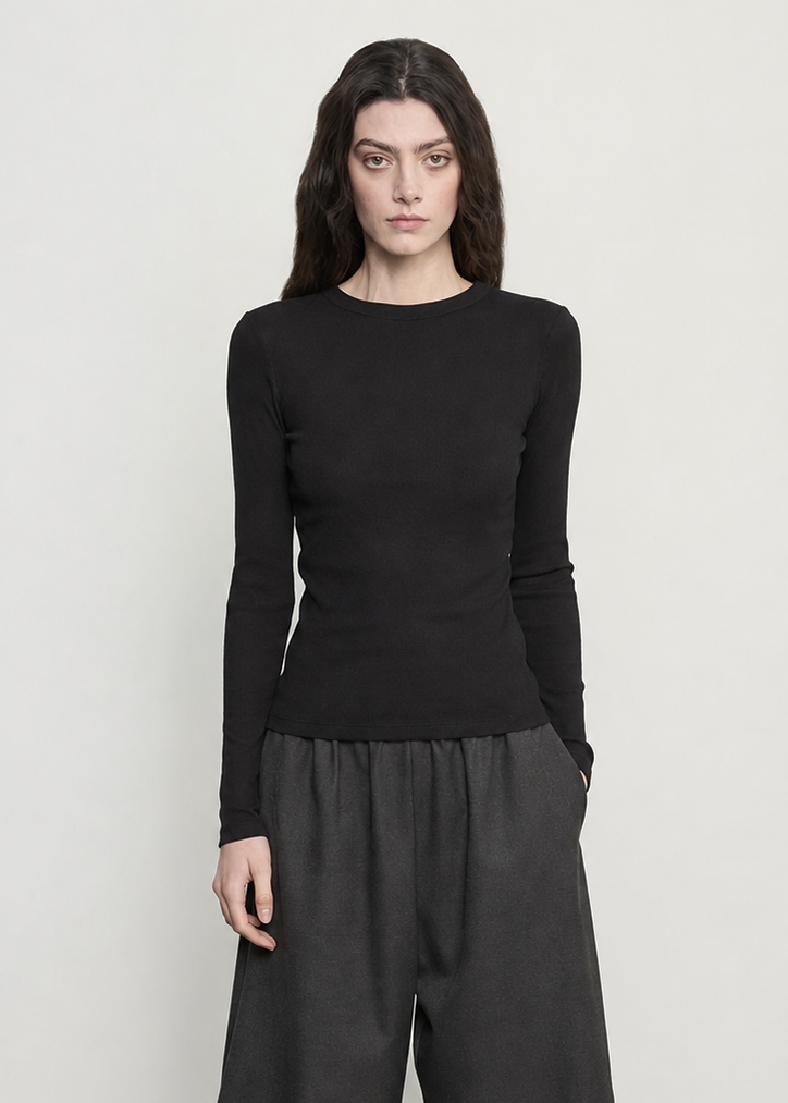 person wearing enza costa womens Cashmere Rib Crew in Black
