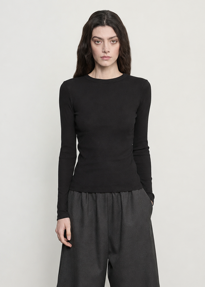 person wearing enza costa womens Cashmere Rib Crew in Black