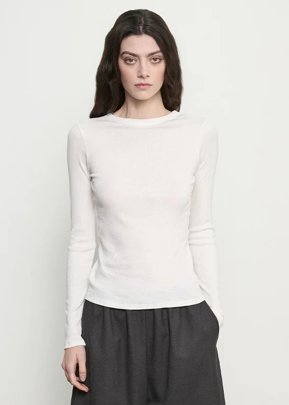 person wearing enza costa womens Cashmere Rib Crew in Off White