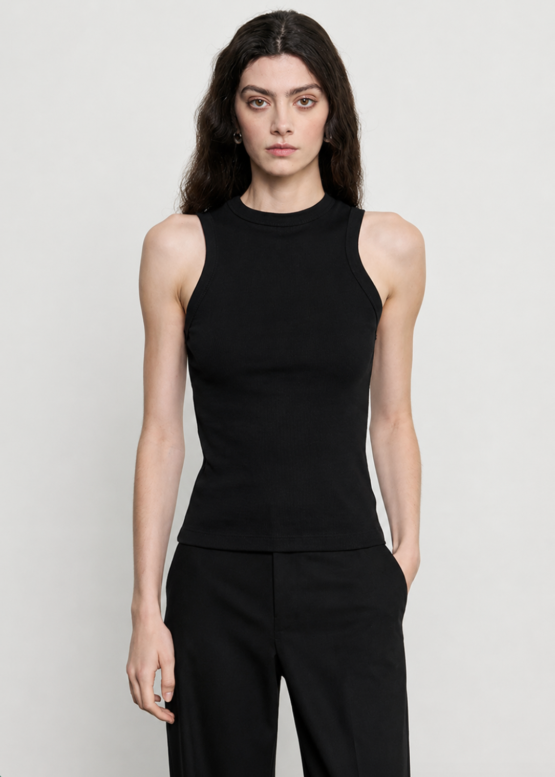 person wearing enza costa womens Cashmere Rib Tank in Black
